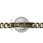 Oxidized silver bracelet with 10mm custom nameplate and bold chain links, matte finish.