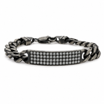 Oxidized silver men's bracelet with 11mm diamond-studded rectangular plate and chunky chain links.