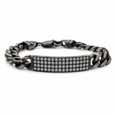 Oxidized silver men's bracelet with 11mm diamond-studded rectangular plate and chunky chain links.