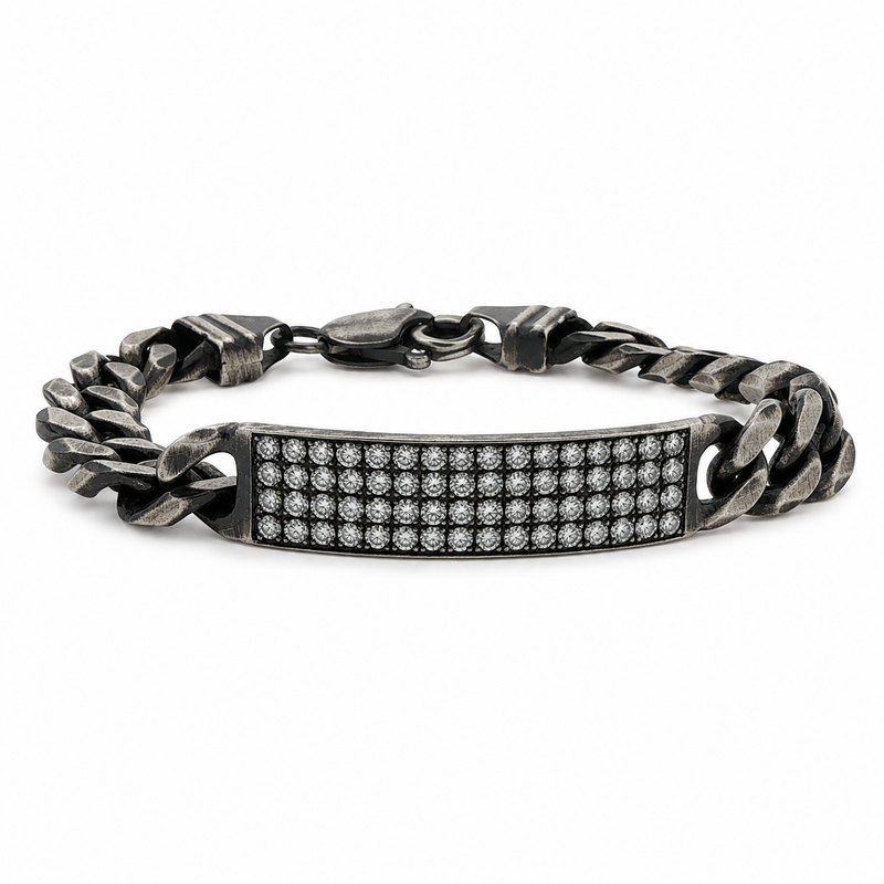 Oxidized silver men's bracelet with 11mm diamond-studded rectangular plate and chunky chain links.