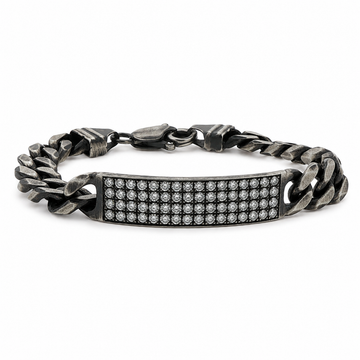 Oxidized silver men's bracelet with 11mm diamond-studded rectangular plate and chunky chain links.