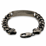 Oxidized silver men's bracelet with diamond-studded rectangular plate and chunky chain links.