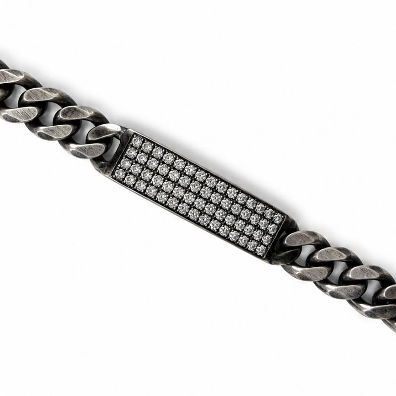 Oxidized silver men's bracelet with 11mm diamond-studded rectangular centerpiece.