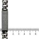 Oxidized silver men's bracelet with rectangular diamond-studded plate, 11mm wide.