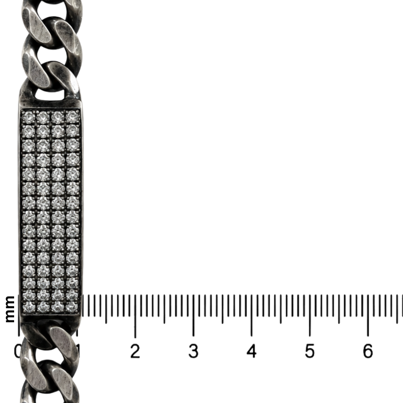 Oxidized silver men's bracelet with rectangular diamond-studded plate, 11mm wide.
