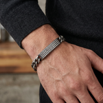 Oxidized silver men's bracelet with 11mm diamond-patterned center plate and chunky chain links.