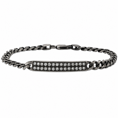 Oxidized silver chain bracelet with 6mm diamond-studded bar centerpiece, men's and women's style.