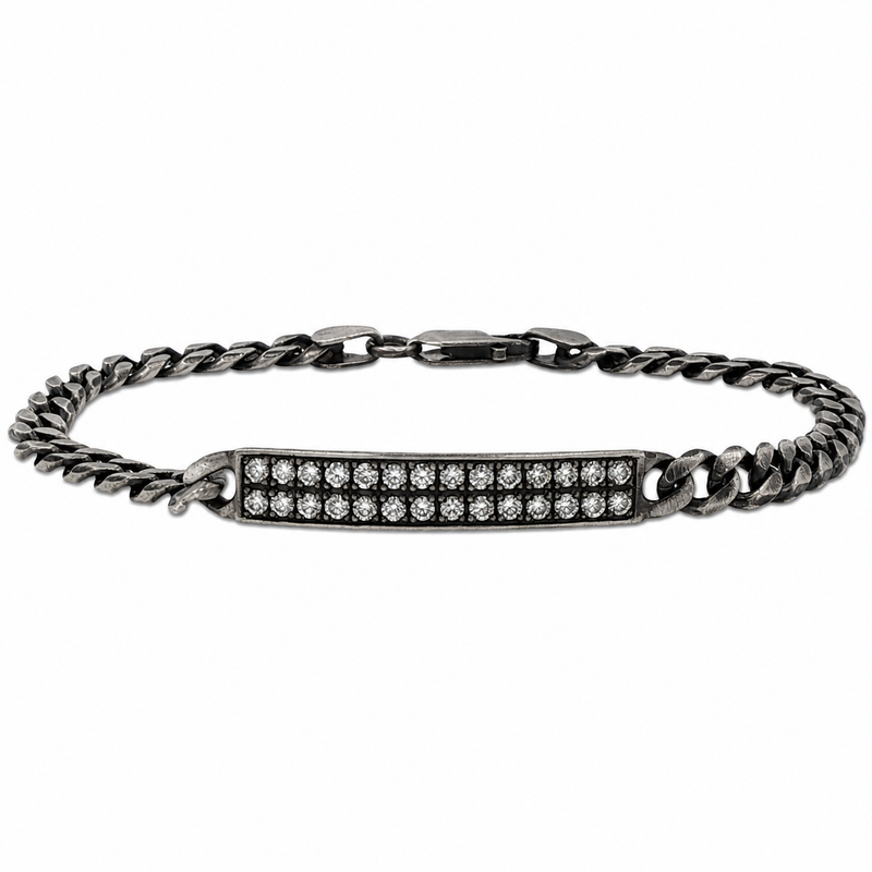 Oxidized silver chain bracelet with 6mm diamond-studded bar centerpiece, men's and women's style.