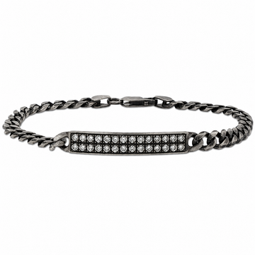 Oxidized silver chain bracelet with 6mm diamond-studded bar centerpiece, men's and women's style.