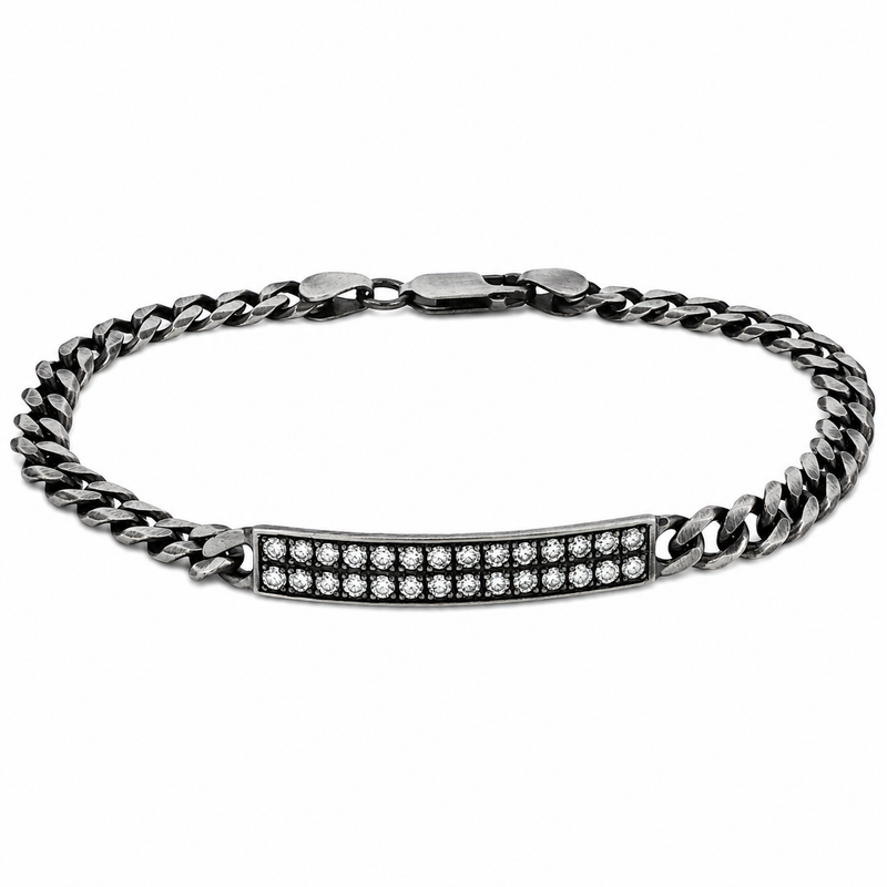 Oxidized silver 6mm men's bracelet with double row diamond accents and sturdy clasp.
