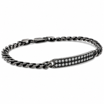 Oxidized silver men's bracelet with 6mm diamond-studded rectangular plate and chain link design.