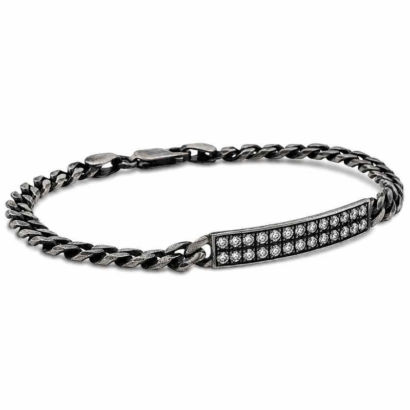 Oxidized silver men's bracelet with 6mm diamond-studded rectangular plate and chain link design.