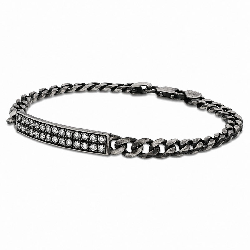 Oxidized silver bracelet with 6mm diamond-studded rectangular bar and curb chain links.