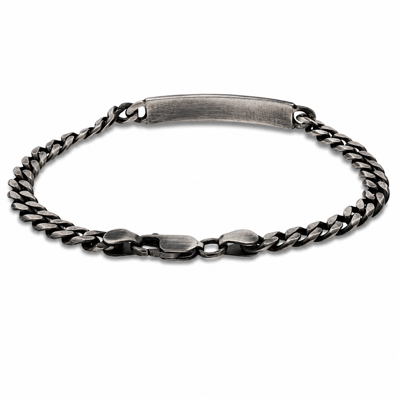 Oxidized silver men's bracelet with 6mm diamond-cut chain and polished ID plate clasp.