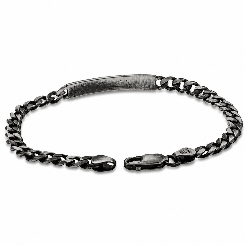 Oxidized silver 6mm chain bracelet with a rectangular diamond-studded plate and lobster clasp.