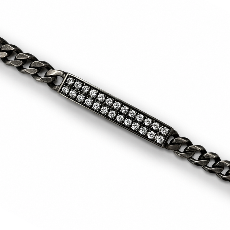 Oxidized silver men's bracelet with 6mm curb chain and double row diamond accents.