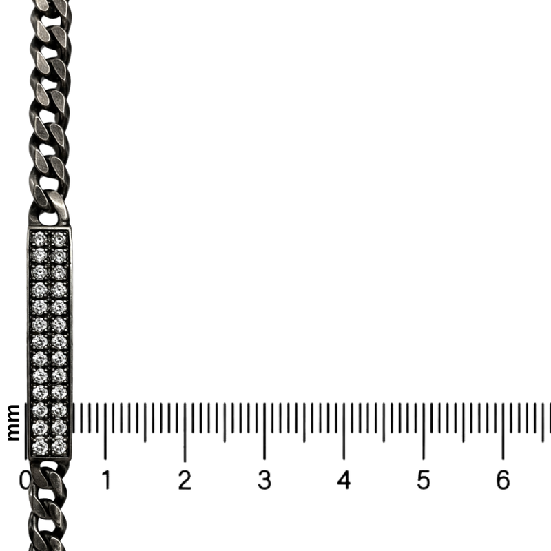 Oxidized silver bracelet with 6mm diamond-accented rectangular link and curb chain.