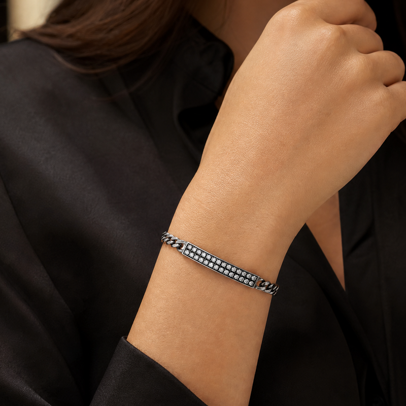 Oxidized silver men's bracelet featuring 6mm sparkling diamond accents on wrist.
