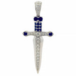 Silver sword pendant with blue sapphires and sparkling diamonds detailing.