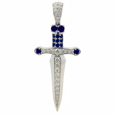 Silver sword pendant with blue sapphires and sparkling diamonds detailing.
