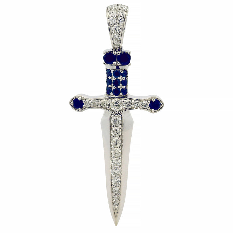 Silver sword pendant with blue sapphires and sparkling diamonds detailing.
