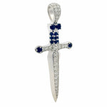 Silver sword pendant with blue sapphires and sparkling diamonds detailing.