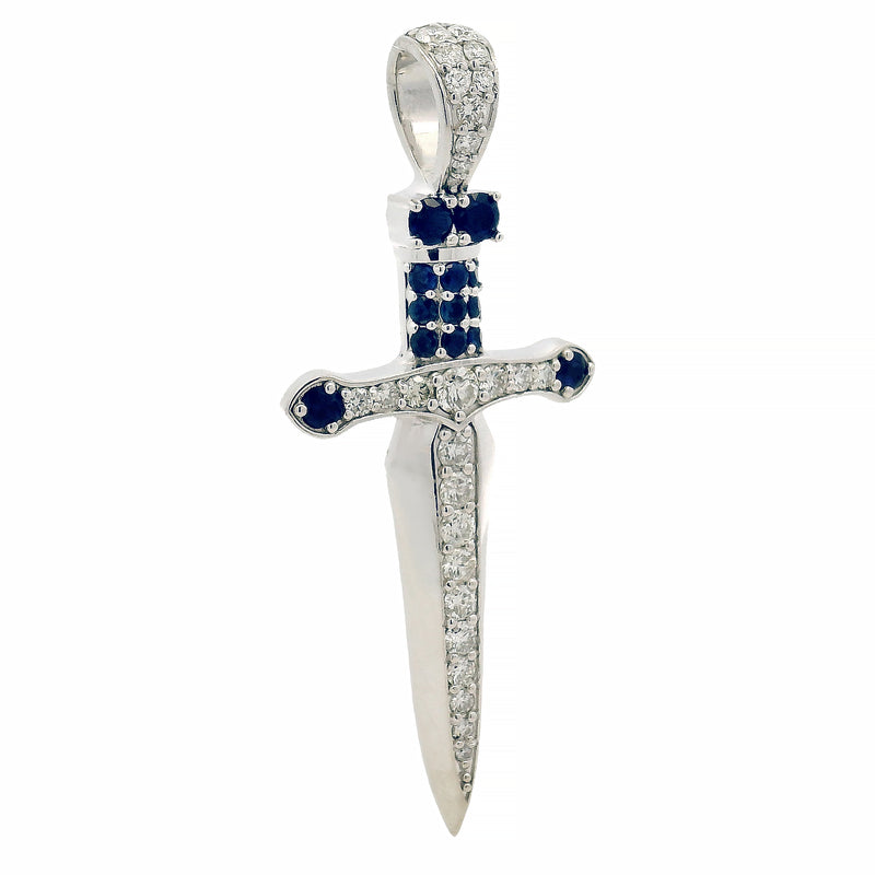 Silver sword pendant with blue sapphires and sparkling diamonds detailing.
