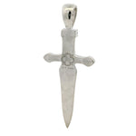 Silver sword pendant with blue sapphires and sparkling diamonds detailing.