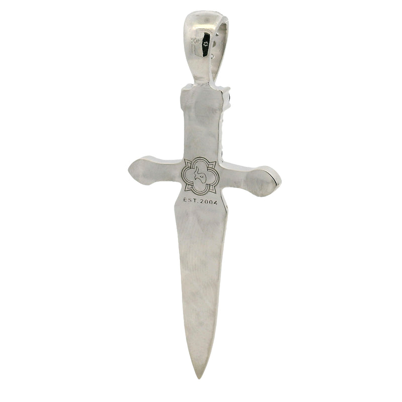 Silver sword pendant with blue sapphires and sparkling diamonds detailing.