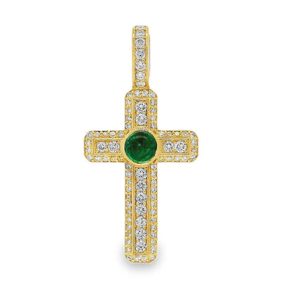 Diamond Pave Cross With Bezel Set Green Emerald Cabochon 71001