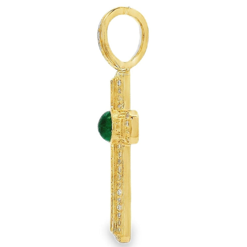 14K Gold Diamond Pave Cross With Bezel Set Green Emerald Cabochon, photo 4 of 9