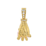 Gold hand pendant with pink diamond and small white diamonds on bail.