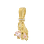 Gold hand pendant with pink diamond and small white diamonds on bail.