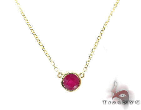 14k yellow gold ruby necklace – 1.10ct light red ruby in a streamlined solitaire setting, front view