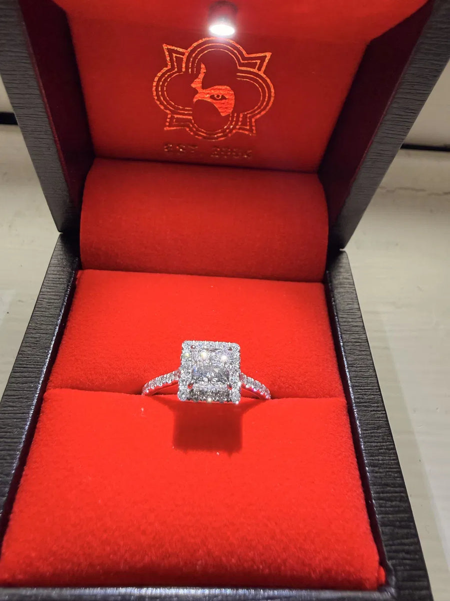 Custom radiant halo engagement ring, worn by Patrick R. in Queensbury, NY