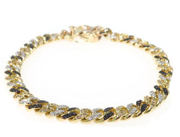 Yellow gold pave diamond bracelet with white, champagne and black stones in interlocking links