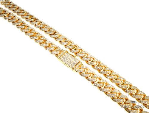 Pave diamond Miami Cuban link chain in 14k yellow gold, 10mm width – front-facing flat lay showing full 24-inch length
