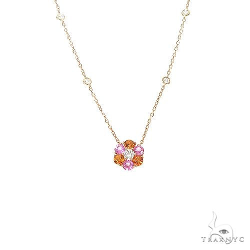 Yellow gold necklace with pink and orange sapphire diamond flower pendant