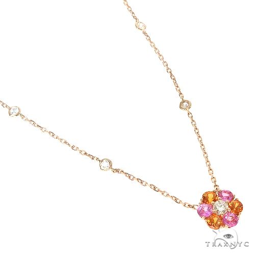 14K Gold Pink Orange Sapphire Diamond Flower Necklace, photo 2 of 6