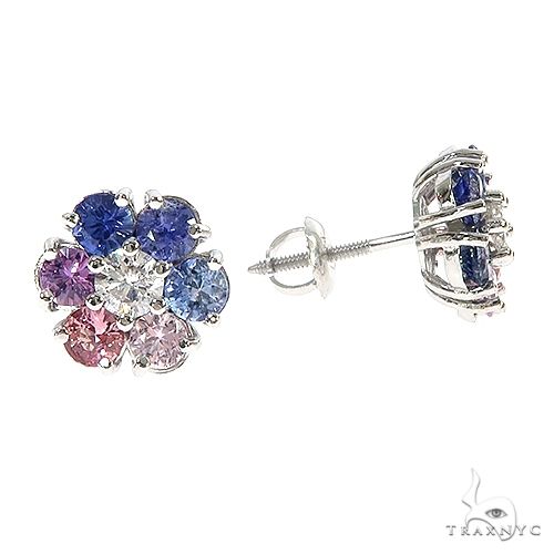 14K Gold Large Pink&Blue Sapphire Diamond Flower Earrings, photo 2 of 3