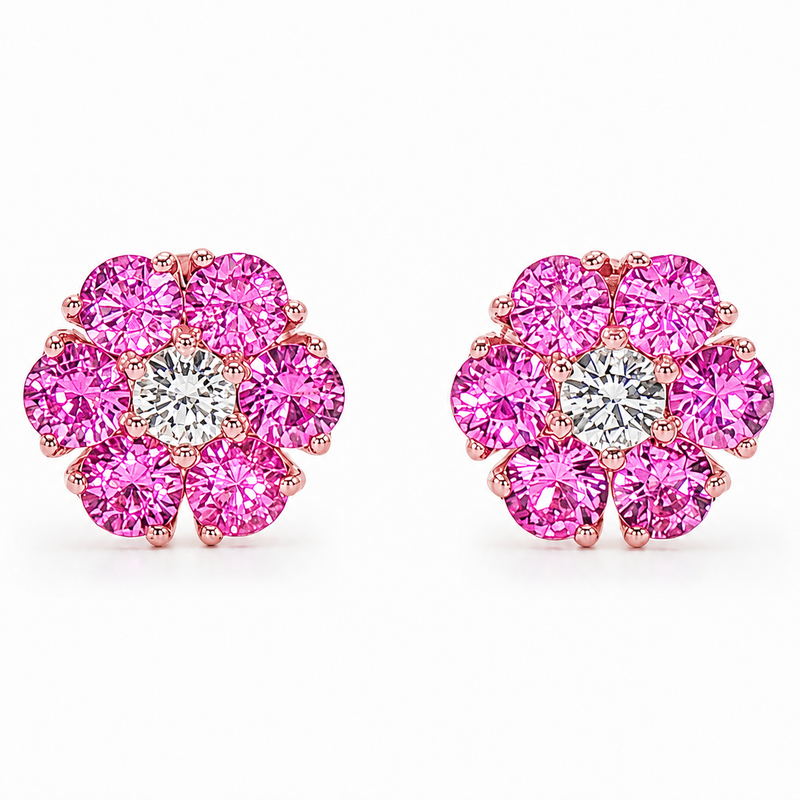 Pink Sapphire Diamond Flower Earrings 66856