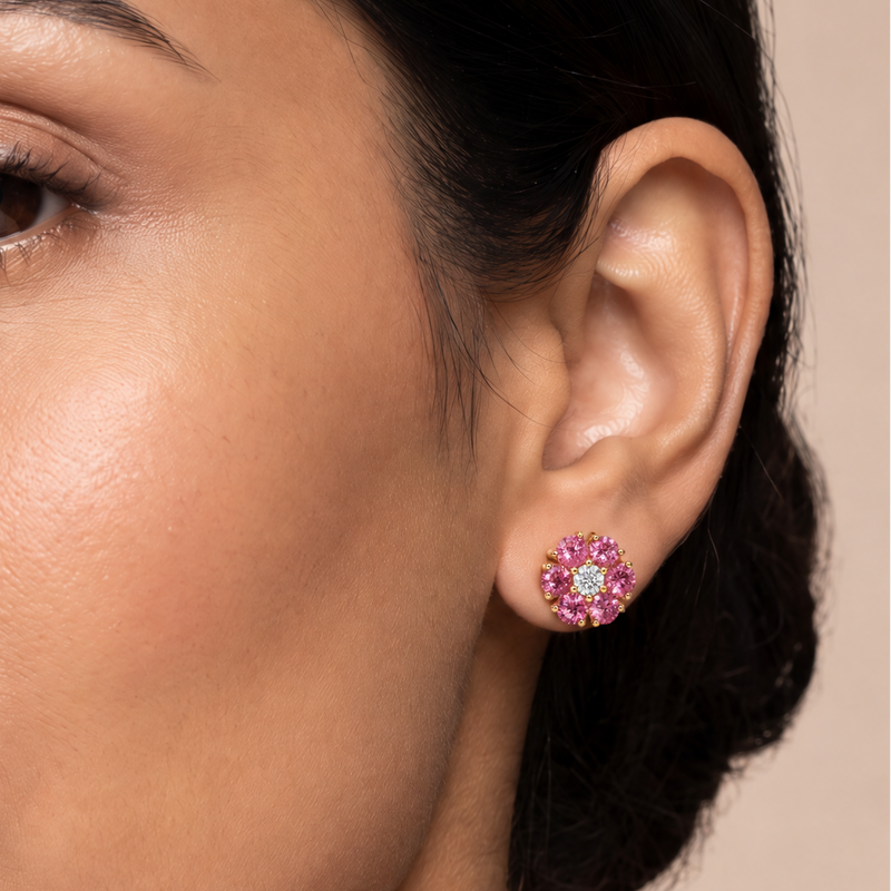 Pink Sapphire Diamond Flower Earrings in 14K gold, view 11