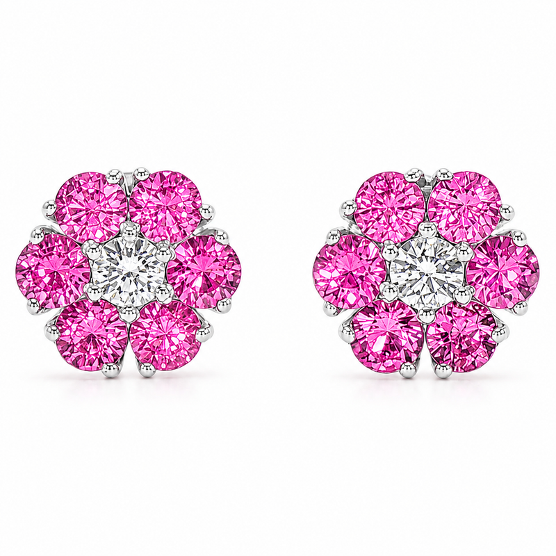Pink Sapphire Diamond Flower Earrings 66856