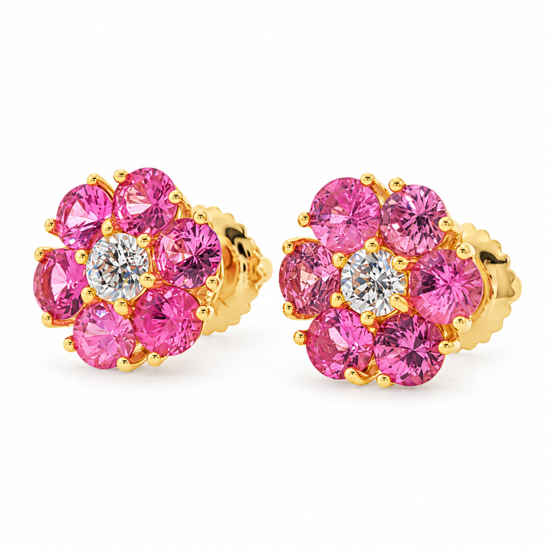 Pink Sapphire Diamond Flower Earrings in 14K gold, view 5