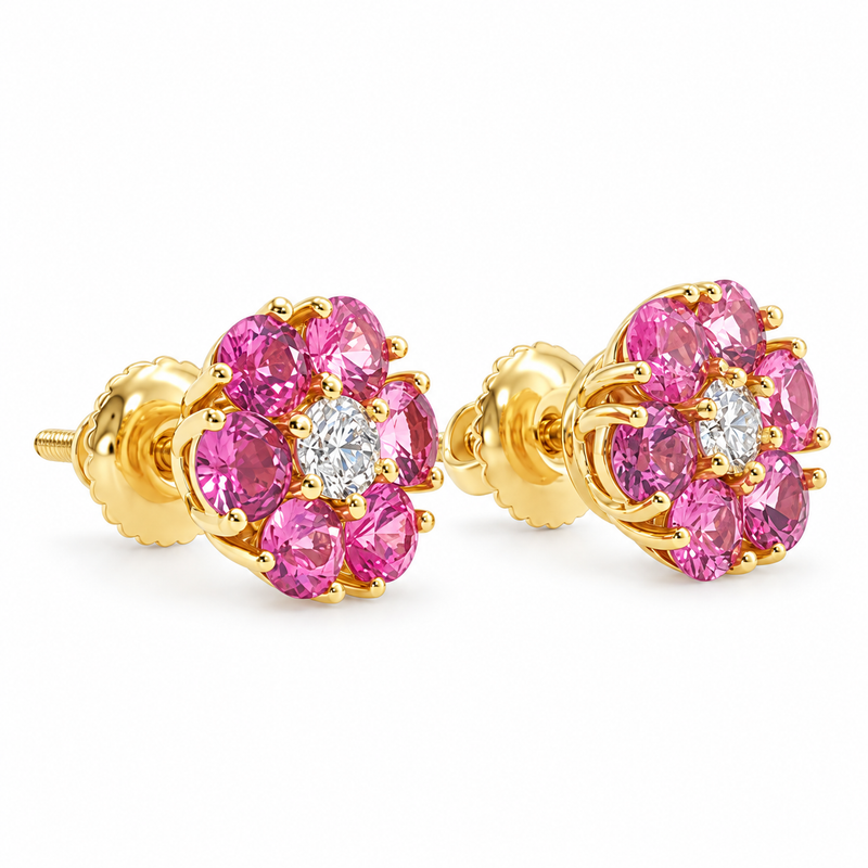 Pink Sapphire Diamond Flower Earrings in 14K gold, view 6