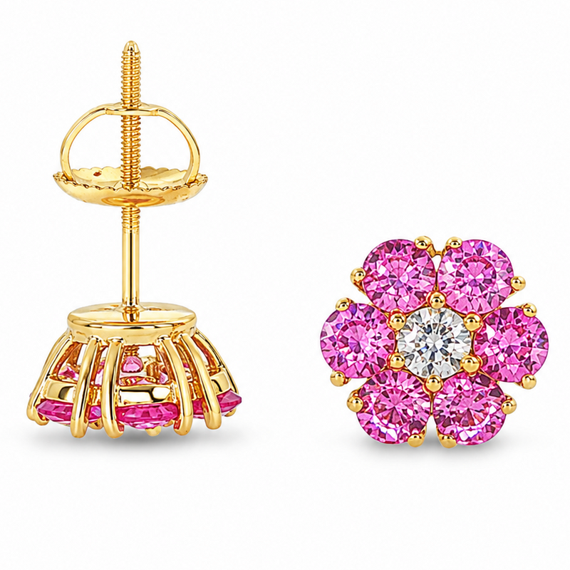 Pink Sapphire Diamond Flower Earrings 66856