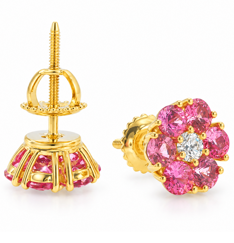 Pink Sapphire Diamond Flower Earrings in 14K gold, view 8
