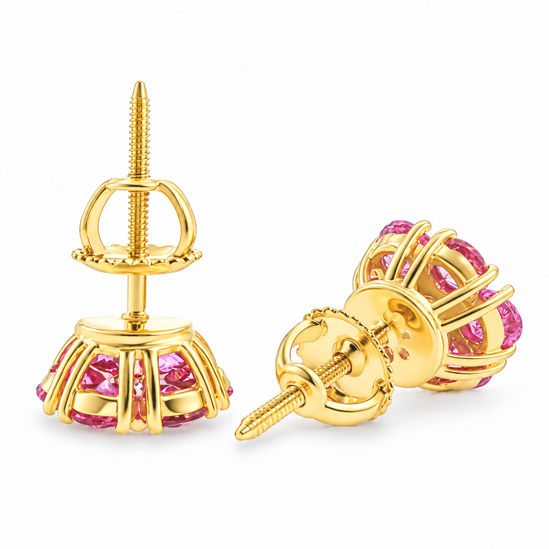 Pink Sapphire Diamond Flower Earrings in 14K gold, view 9