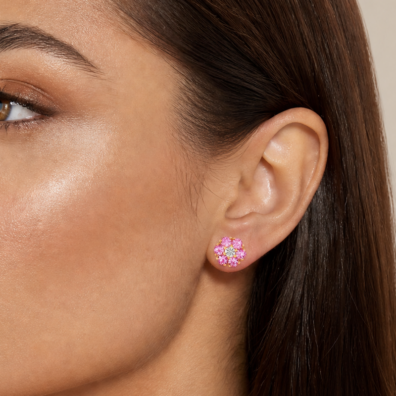 Pink Sapphire Diamond Flower Earrings 66856