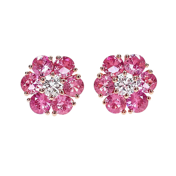 Rose gold cherry blossom earrings with pink sapphires and central diamond cluster.